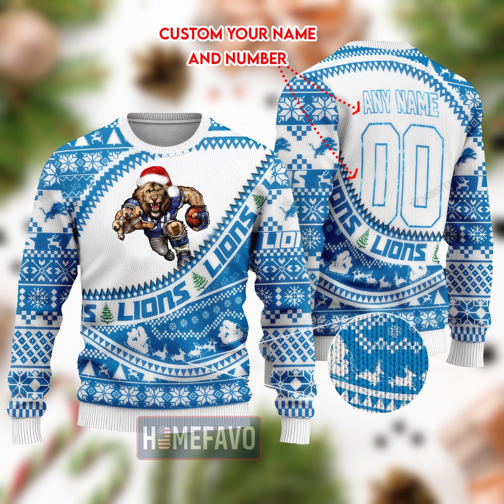 Detroit Lions Mascot Woolen Custom Name Christmas Full Print Sweater 1