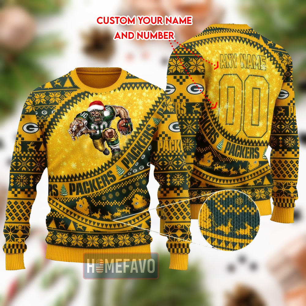 Green Bay Packers Mascot Woolen Christmas Full Print Sweater 1