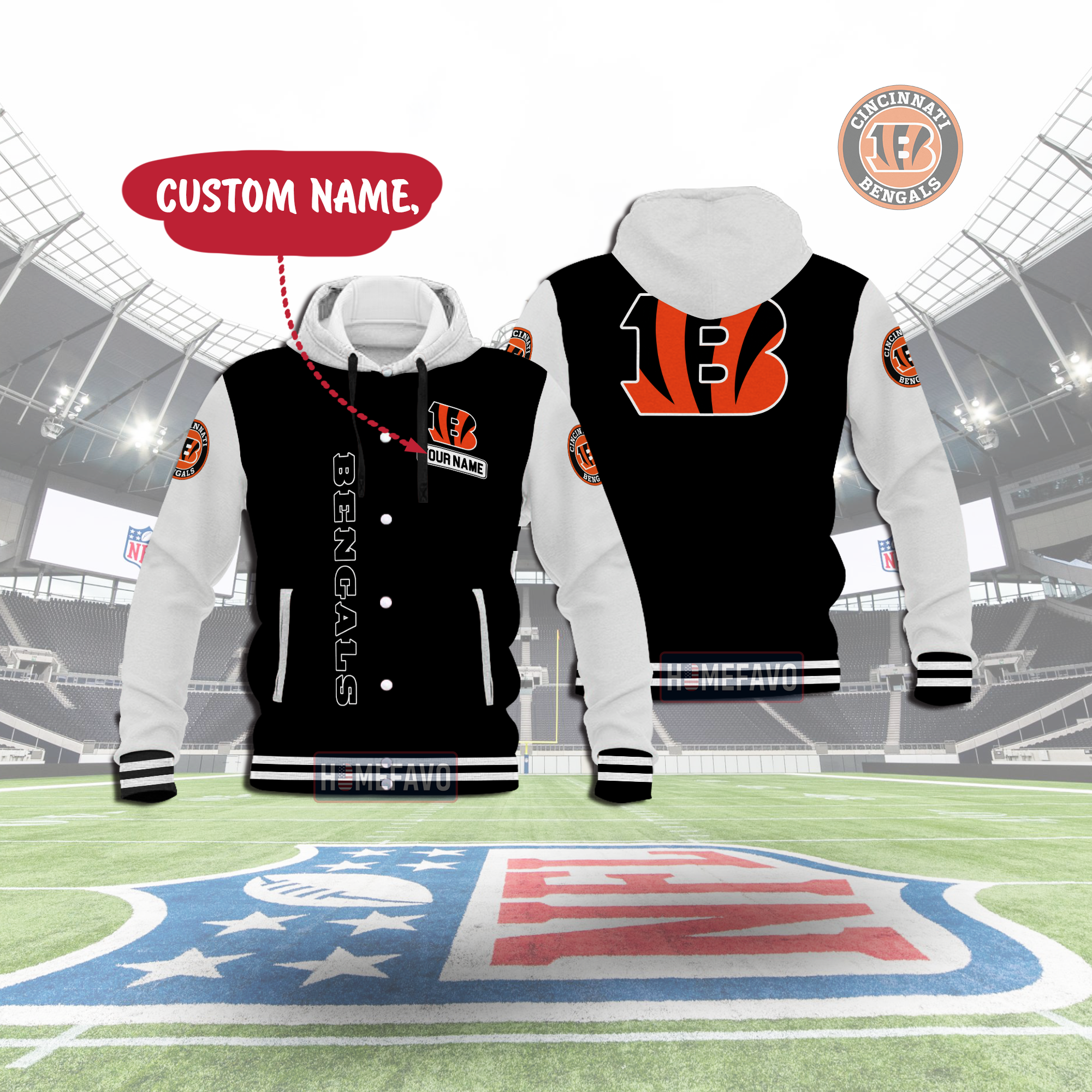 Cincinnati Bengals Custom Name Hooded Baseball Jacket 3D Gift For Fans 1