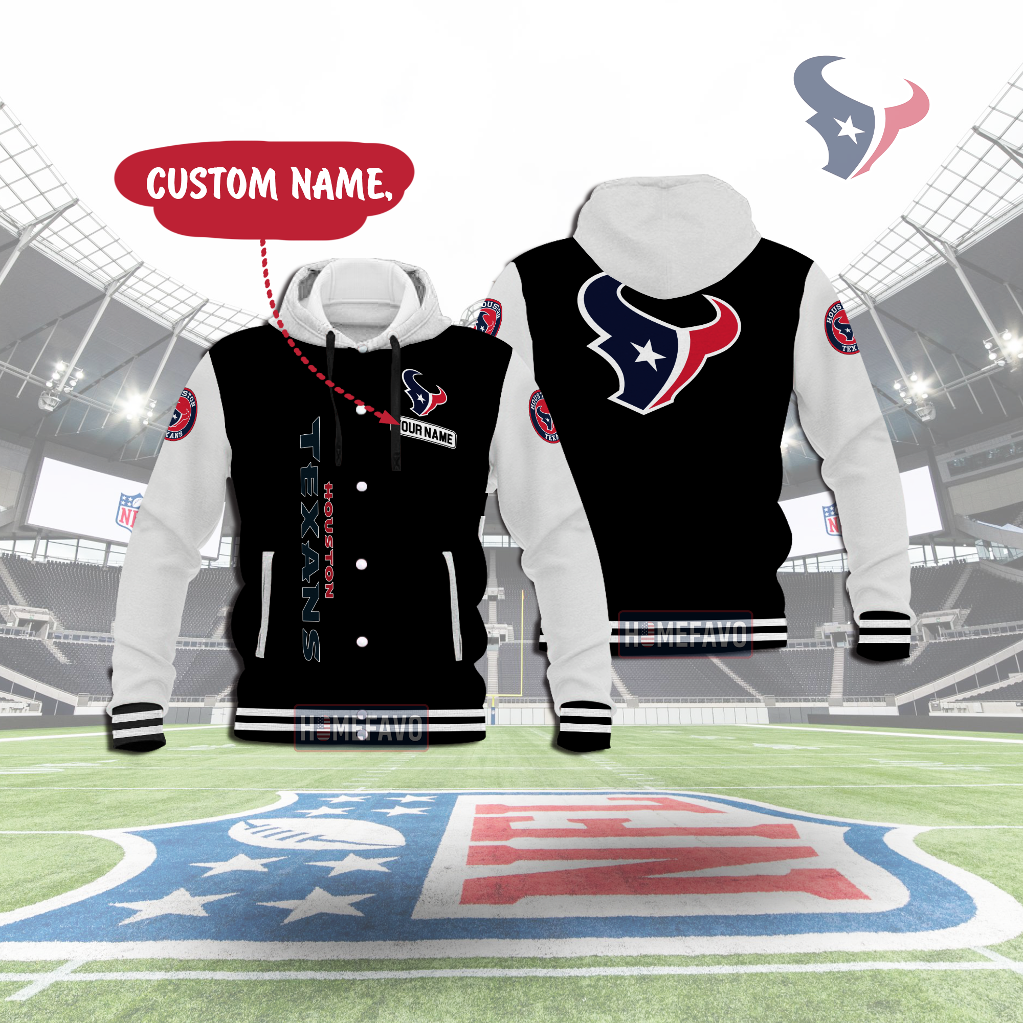 Houston Texans Custom Name Hooded Baseball Jacket 3D Gift For Fans 1