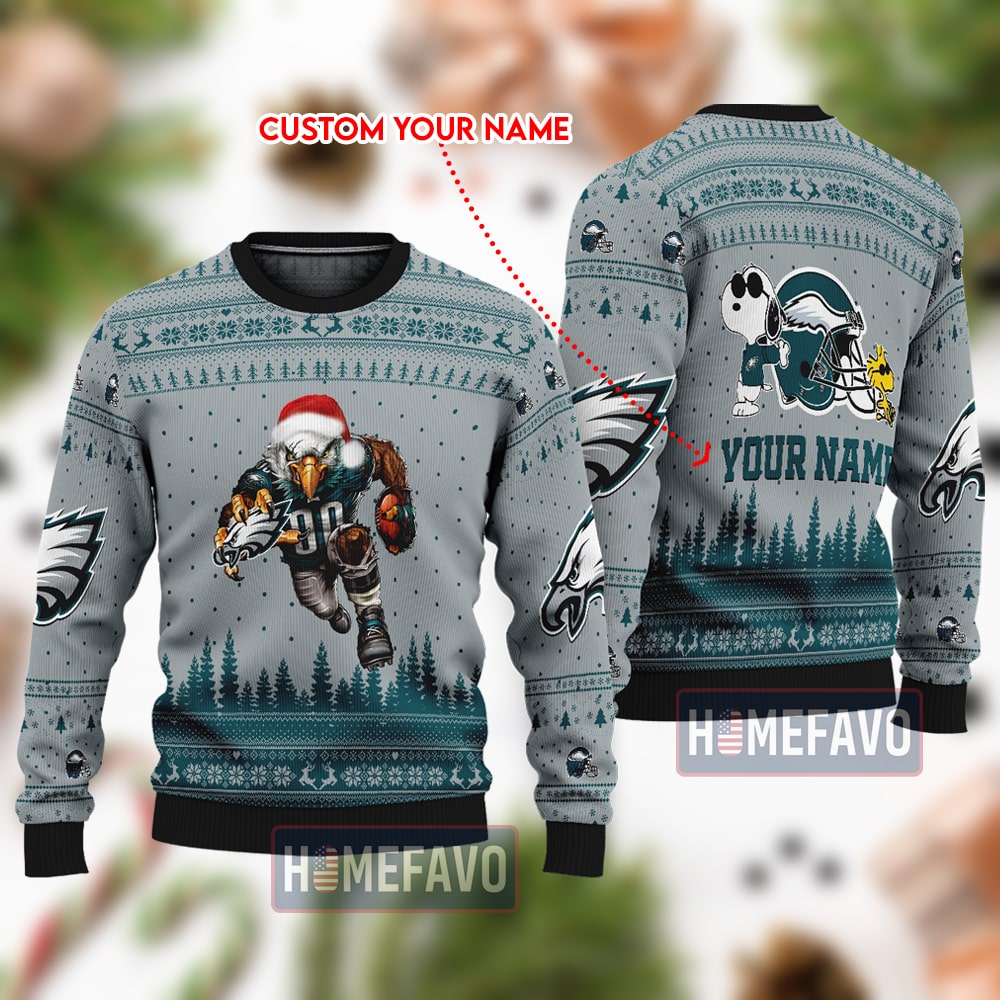 Philadelphia Eagles Mascot And Snoopy Custom Name Christmas Full Print Sweater 1