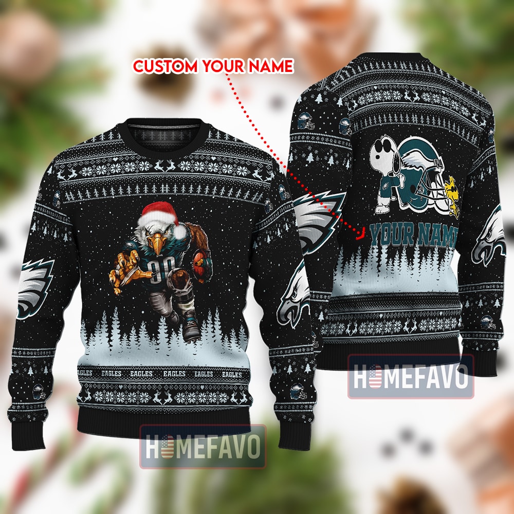 Philadelphia Eagles Snoopy And Mascot Custom Name Christmas Full Print Sweater 1