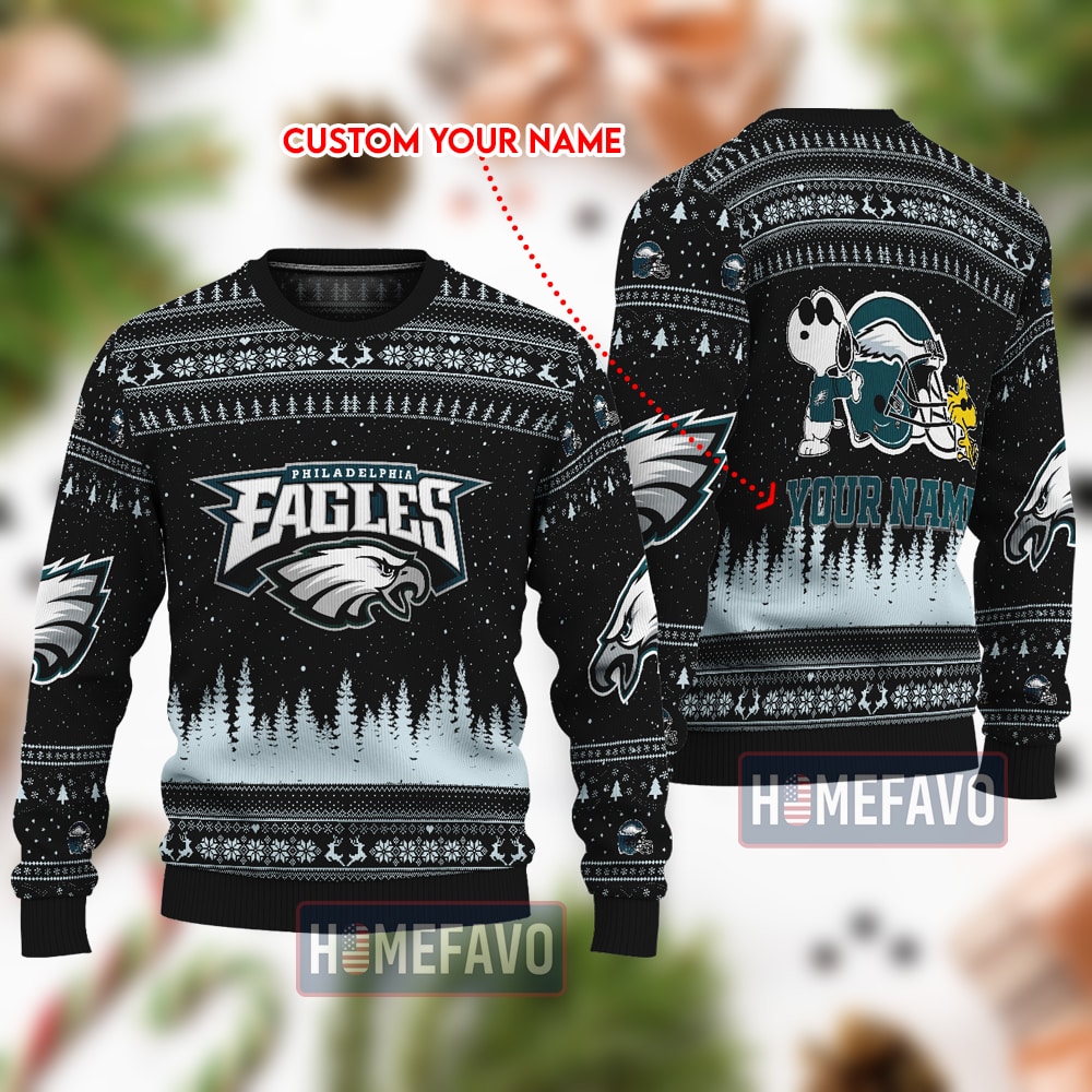 Philadelphia Eagles Snoopy Custom Name Christmas Full Print Sweater 1