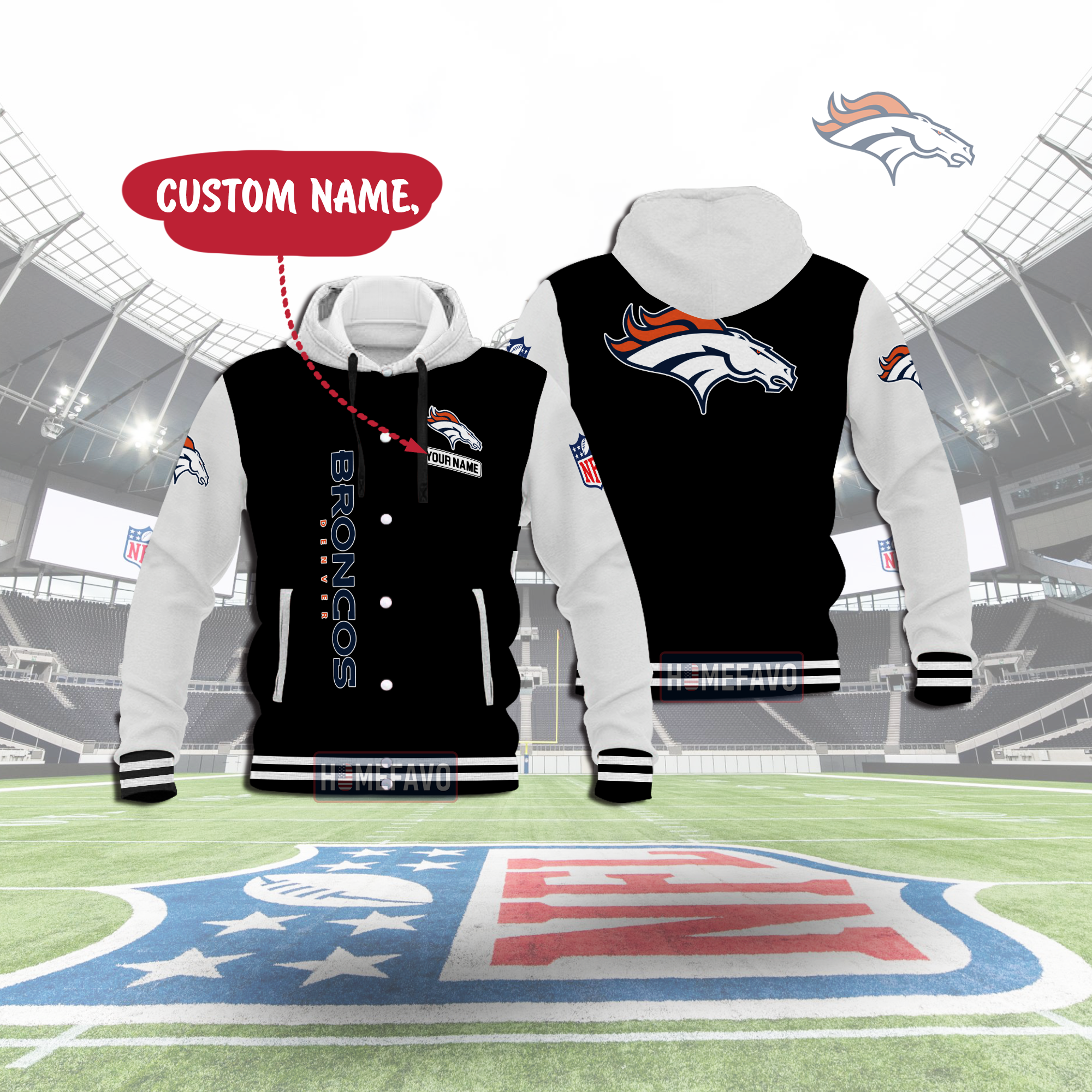 Denver Broncos Custom Name Hooded Baseball Jacket 3D Gift For Fans 1