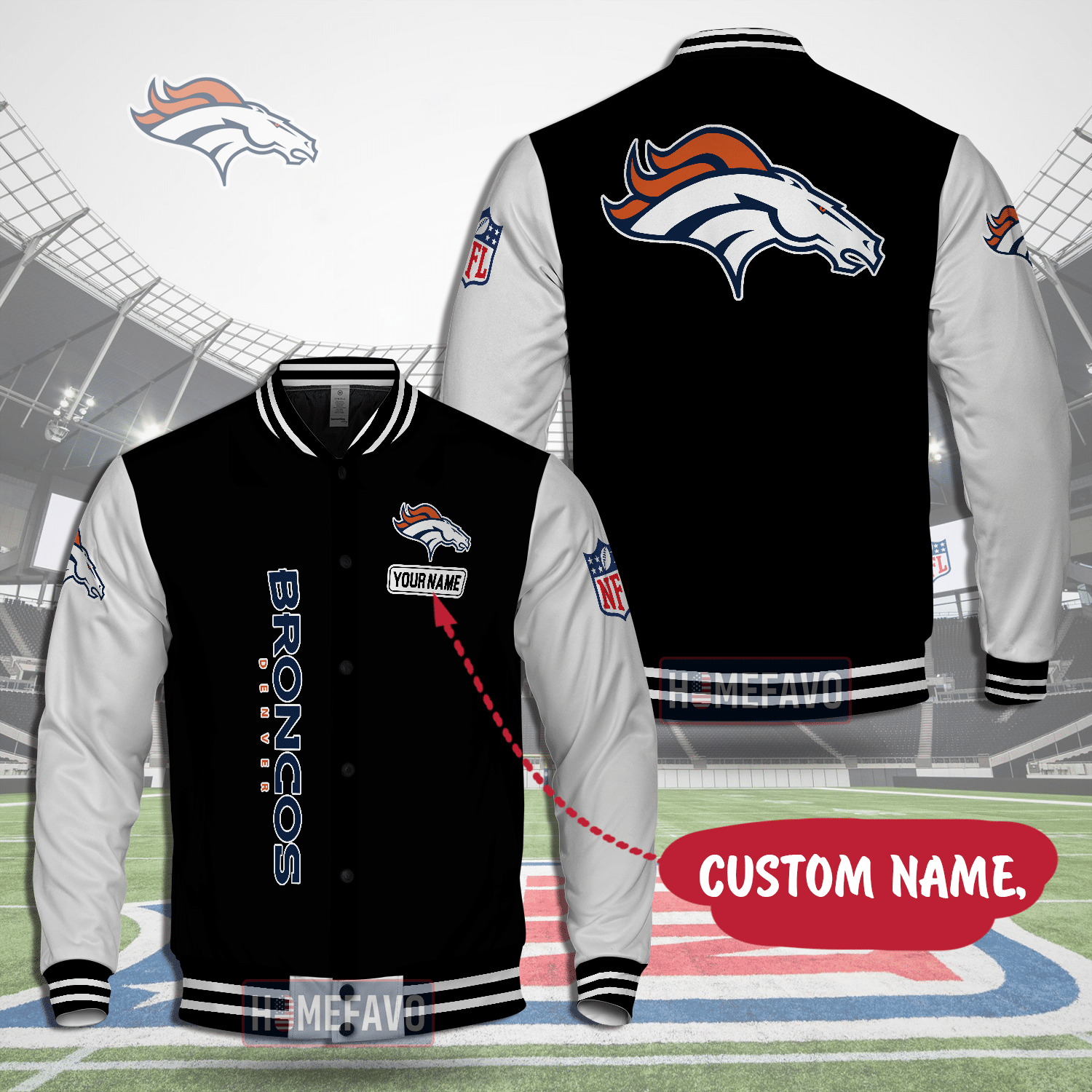 Denver Broncos Custom Name Hooded Baseball Jacket 3D Gift For Fans 2