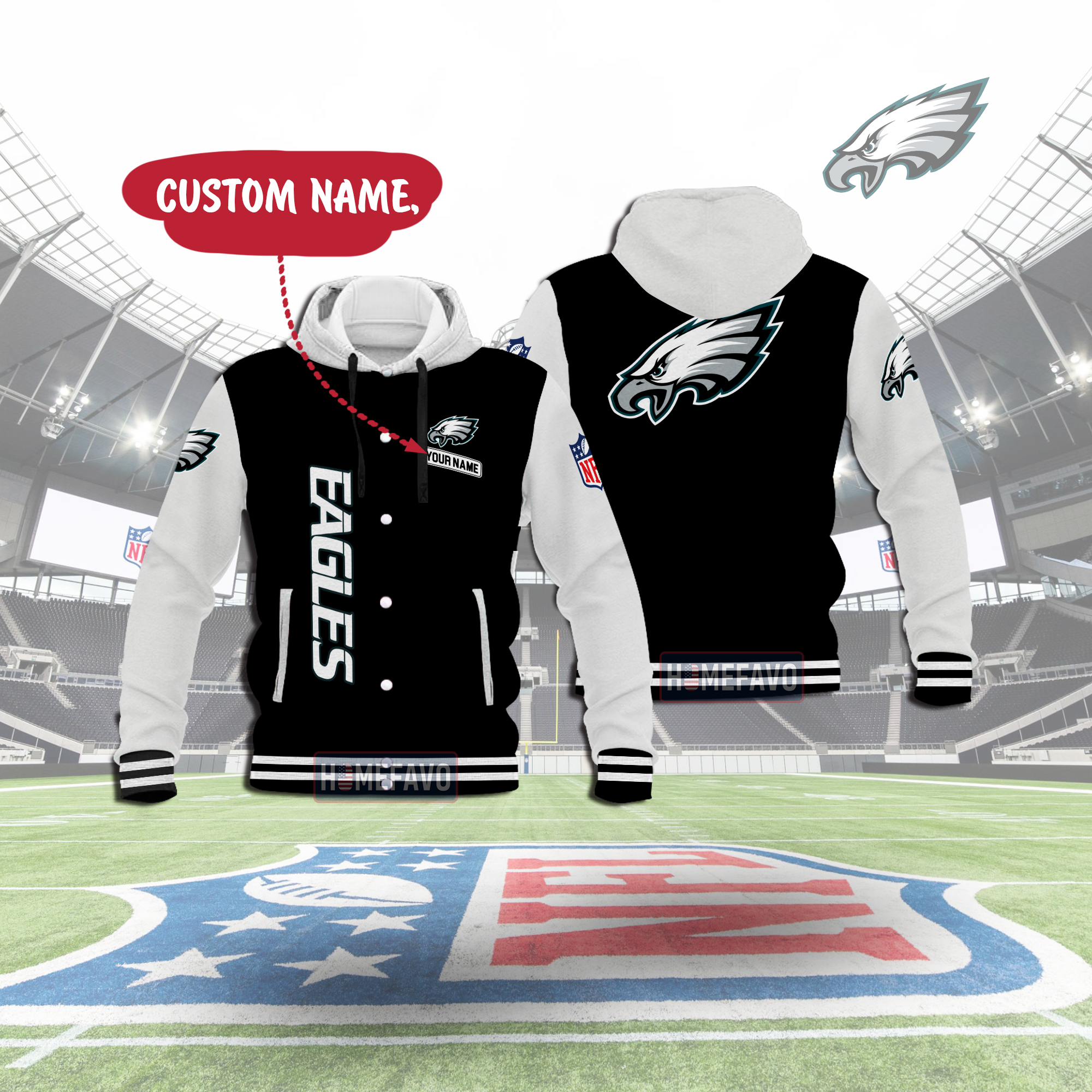 Philadelphia Eagles Custom Name Hooded Baseball Jacket 3D Gift For Fans 1