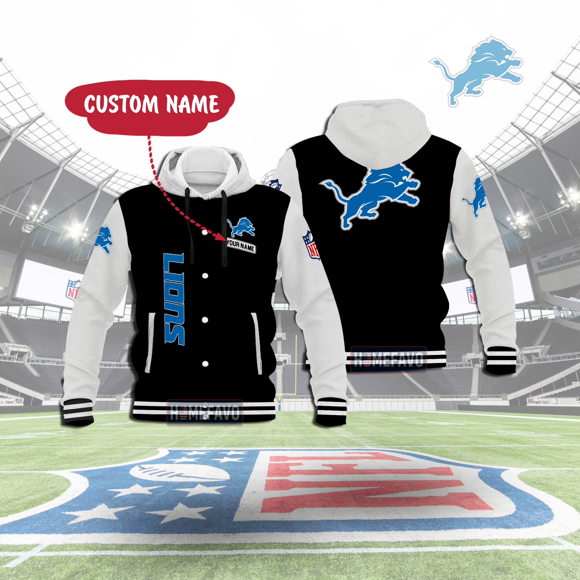 Detroit Lions Custom Name Hooded Baseball Jacket 3D Gift For Fans 1