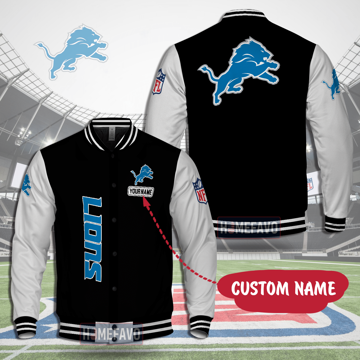 Detroit Lions Custom Name Hooded Baseball Jacket 3D Gift For Fans 2