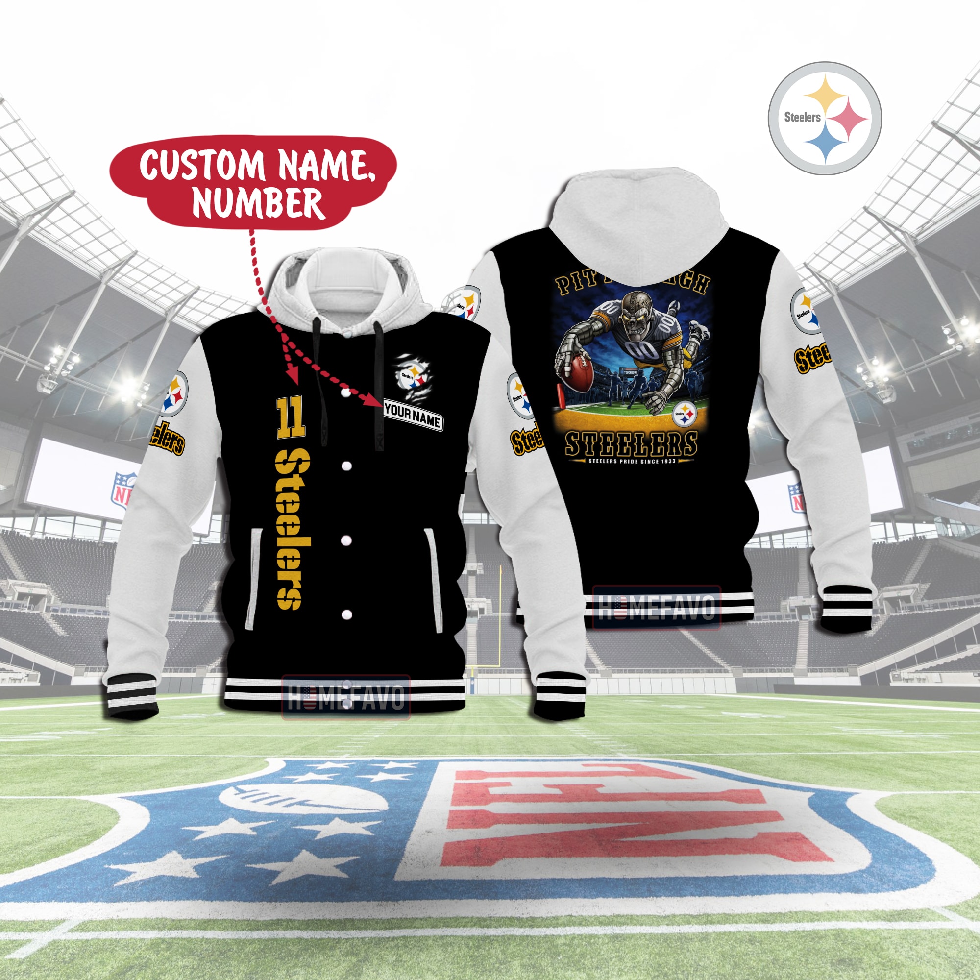 Pittsburgh Steelers Custom Name Hooded Baseball Jacket 3D Gift For Fans 1