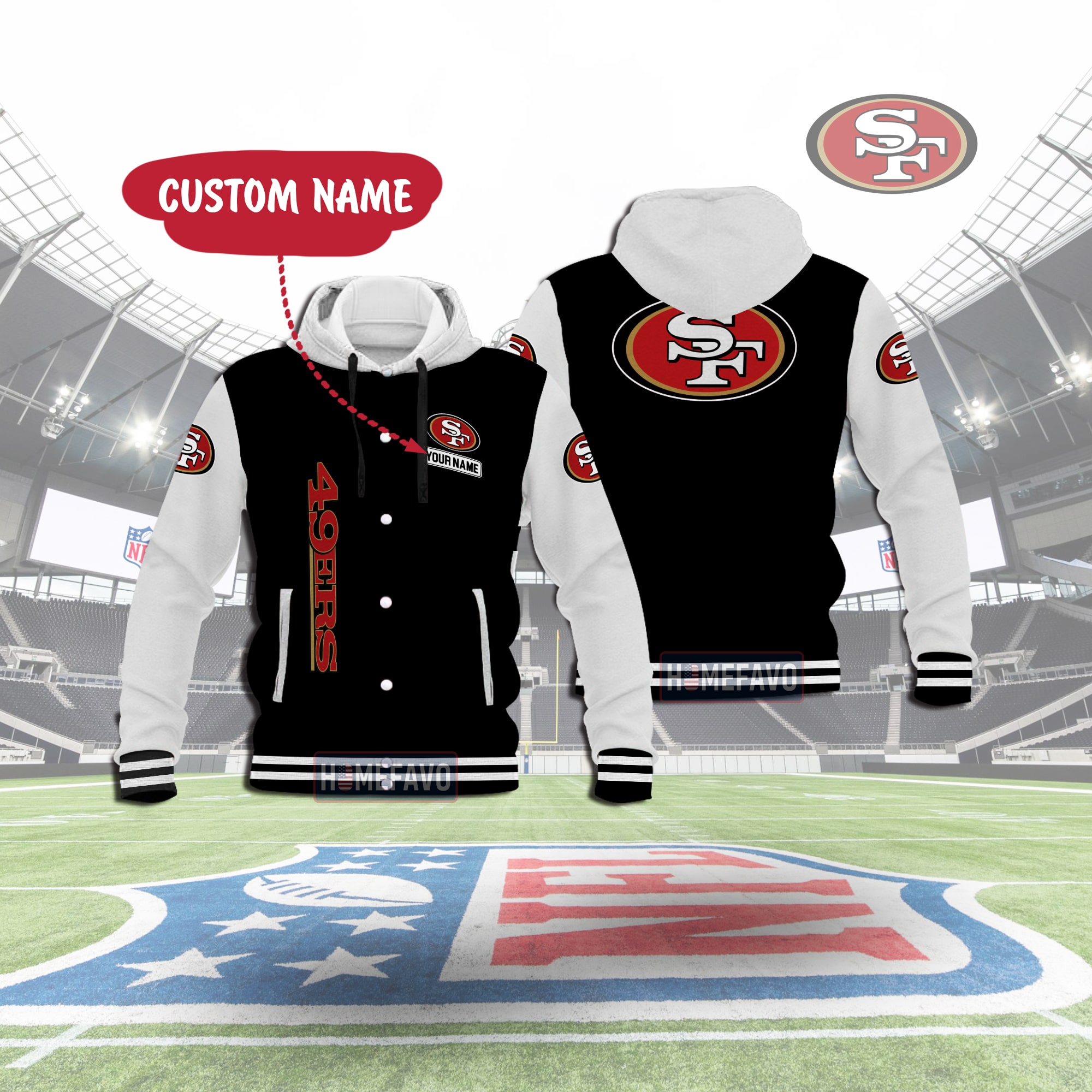San Francisco 49ers Custom Name Hooded Baseball Jacket 3D Gift For Fans 1