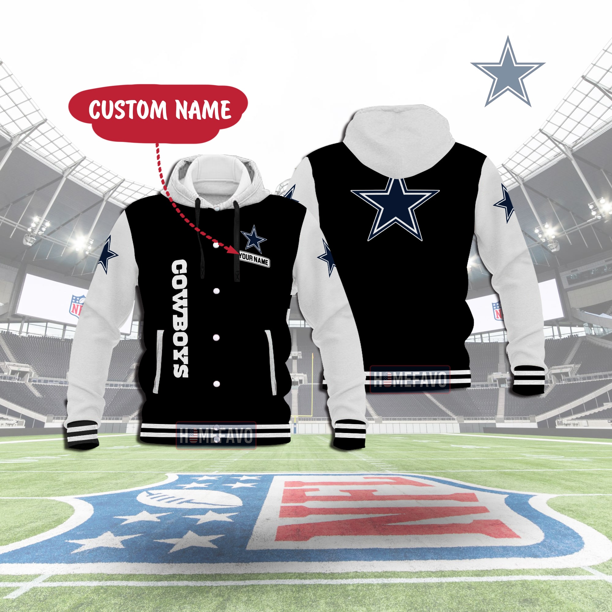 Dallas Cowboys Custom Name Hooded Baseball Jacket 3D Gift For Fans 1