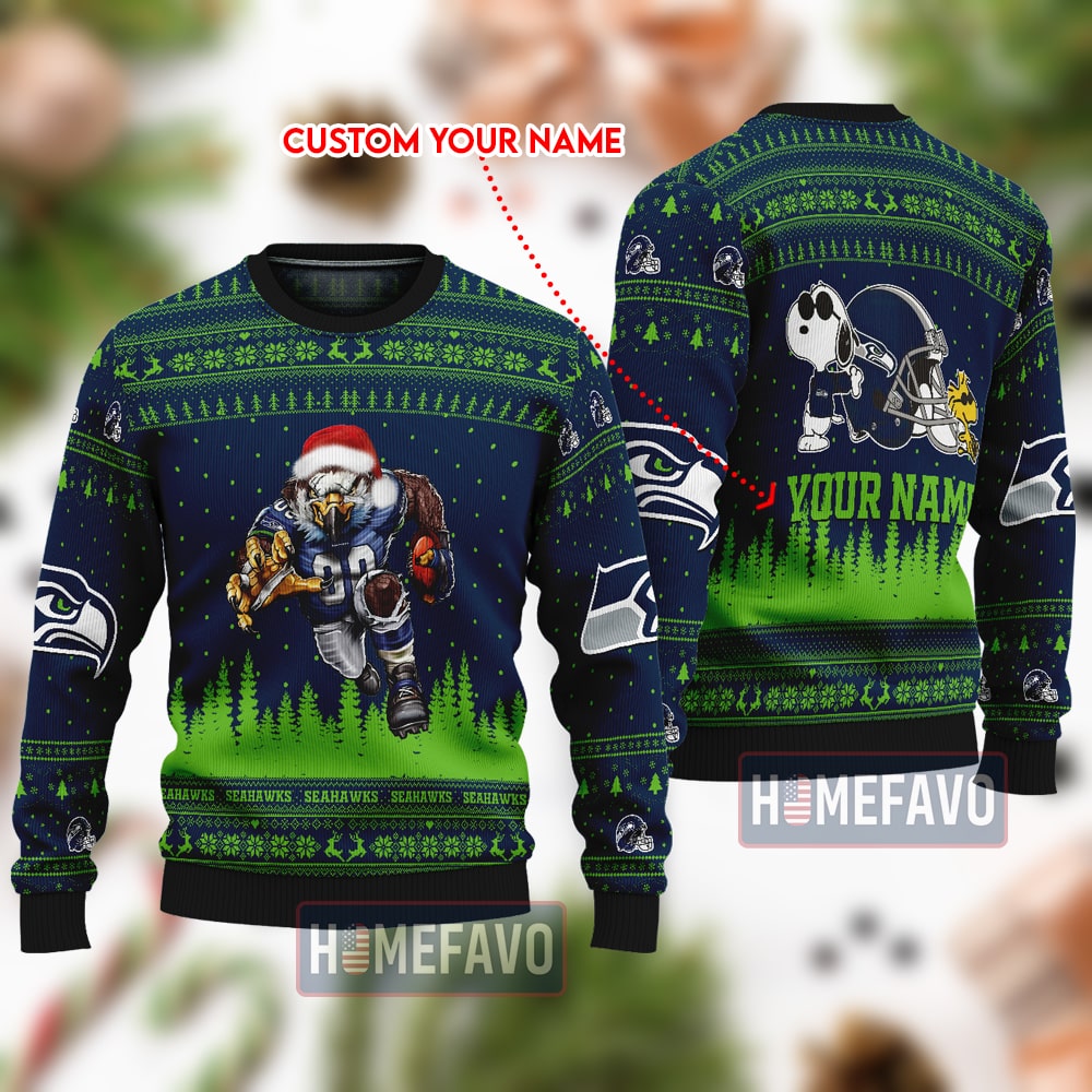 Seattle Seahawks Mascot And Snoopy Christmas Full Print Sweater 1