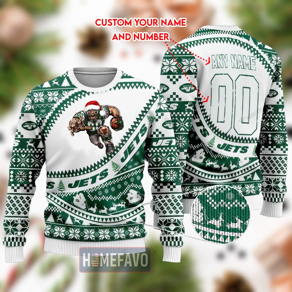New York Jets Mascot Woolen Christmas Full Print Sweater 1